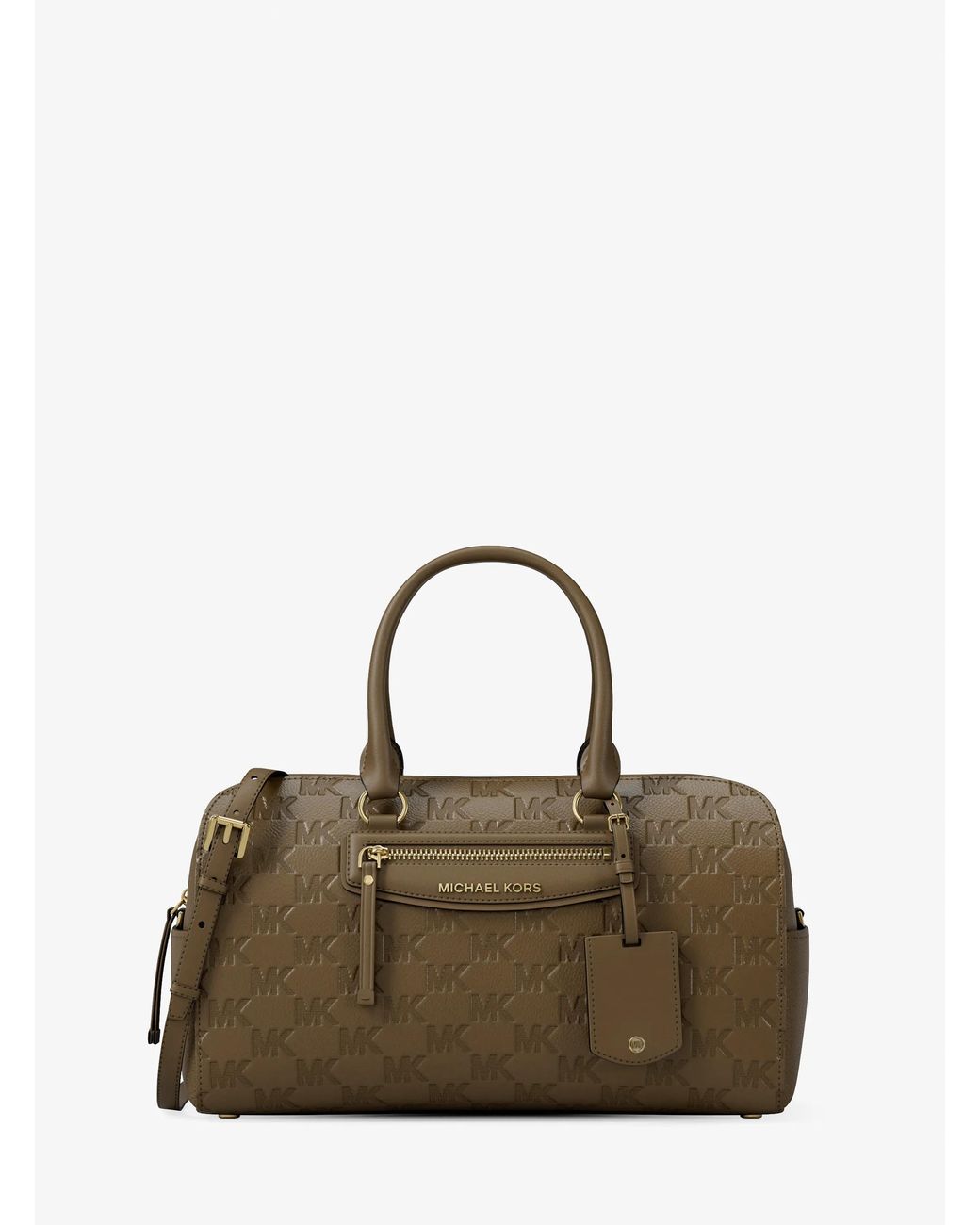 MICHAEL Michael Kors Brown Mk Jet Set Travel Medium Logo Embossed Leather Duffel Crossbody Bag