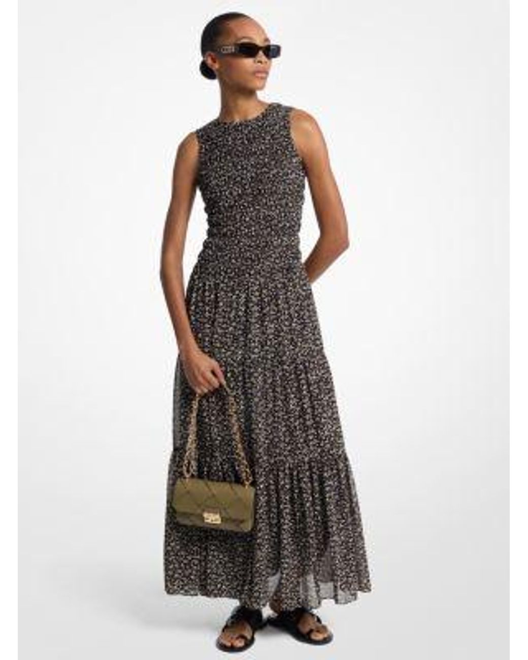 michael kors green maxi dress MICHAEL Michael Kors Floral Print Smocked Georgette Maxi Dress in Green