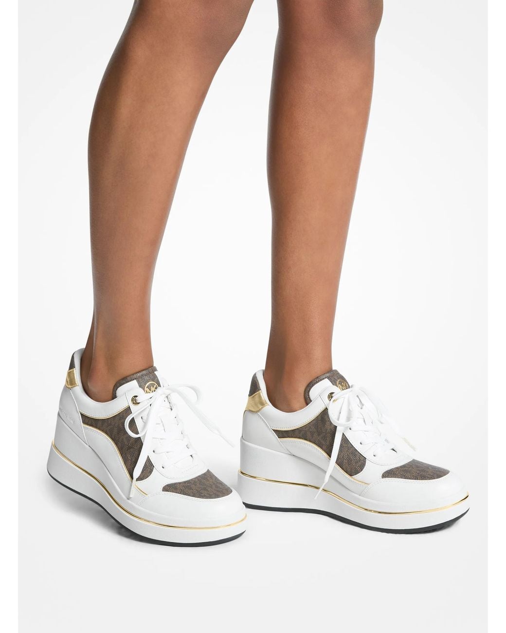 Michael Kors White Mk Emmy Signature Logo And Leather Wedge Trainer