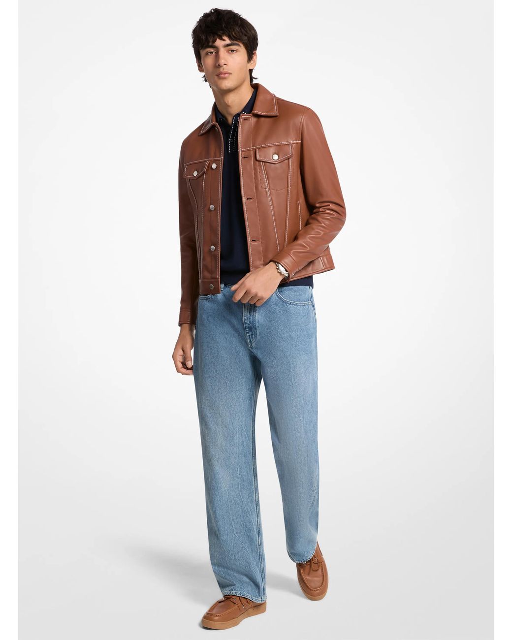 Michael Kors Blue Mk Topstitched Leather Trucker Jacket for men