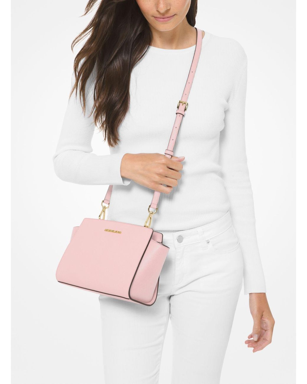 Michael Kors Selma Medium Saffiano Leather Crossbody Bag in Powder Blush ( Pink) | Lyst