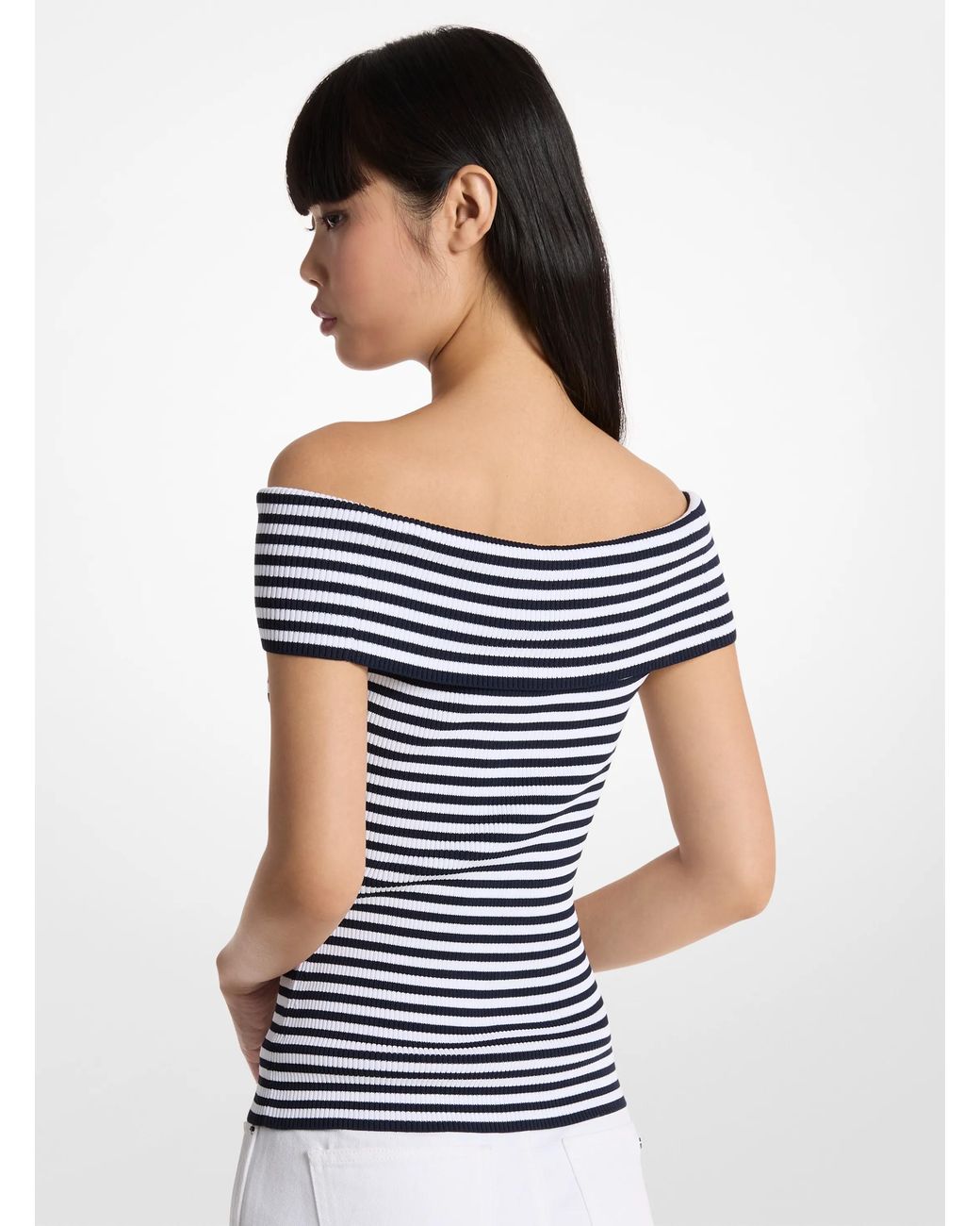 MICHAEL Michael Kors White Michael Kors Striped Stretch Knit Off-The-Shoulder Top