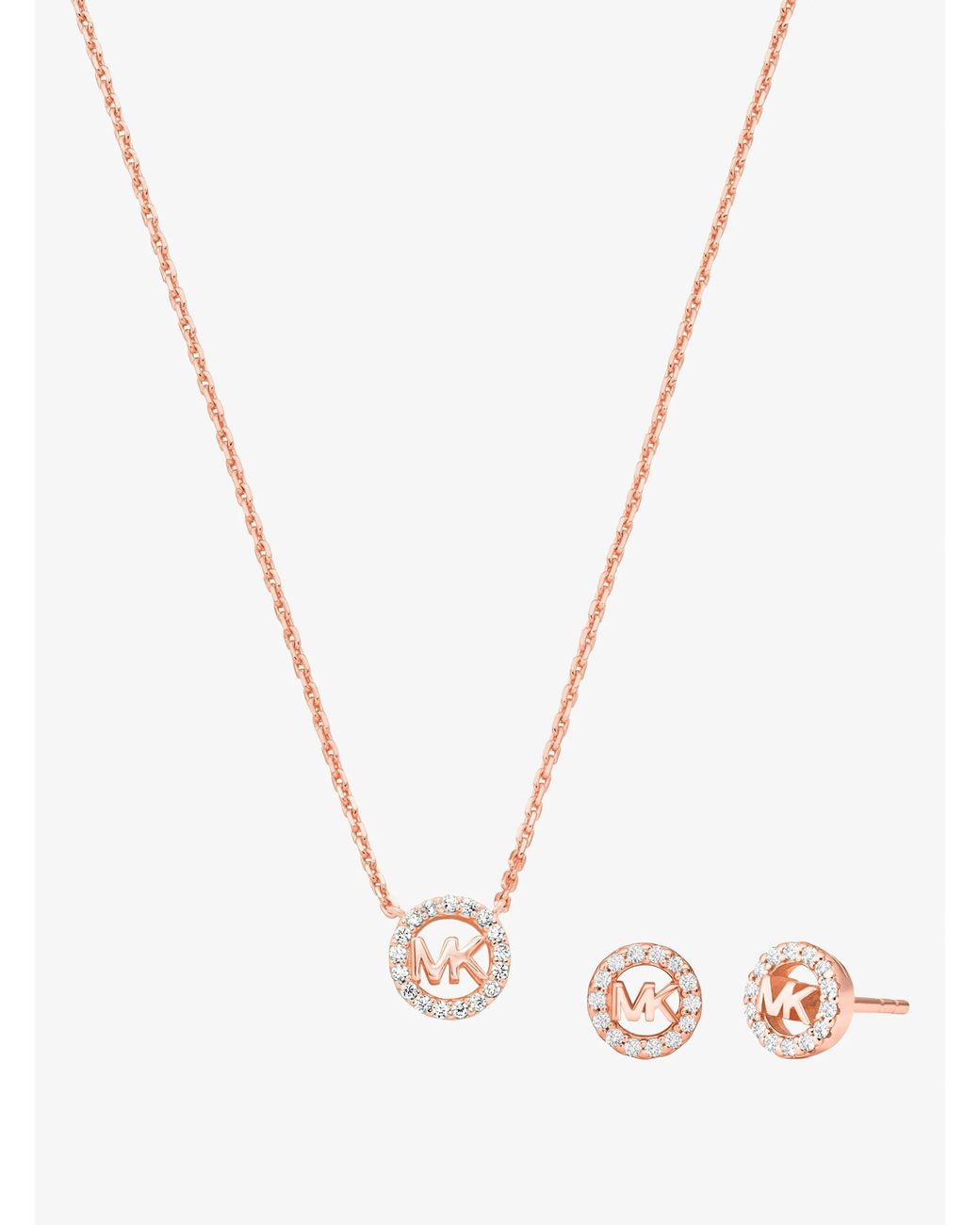 Michael Kors White Mk Fulton Precious-Metal Plated Sterling Pavé Logo Charm Necklace And Earrings Gift Set