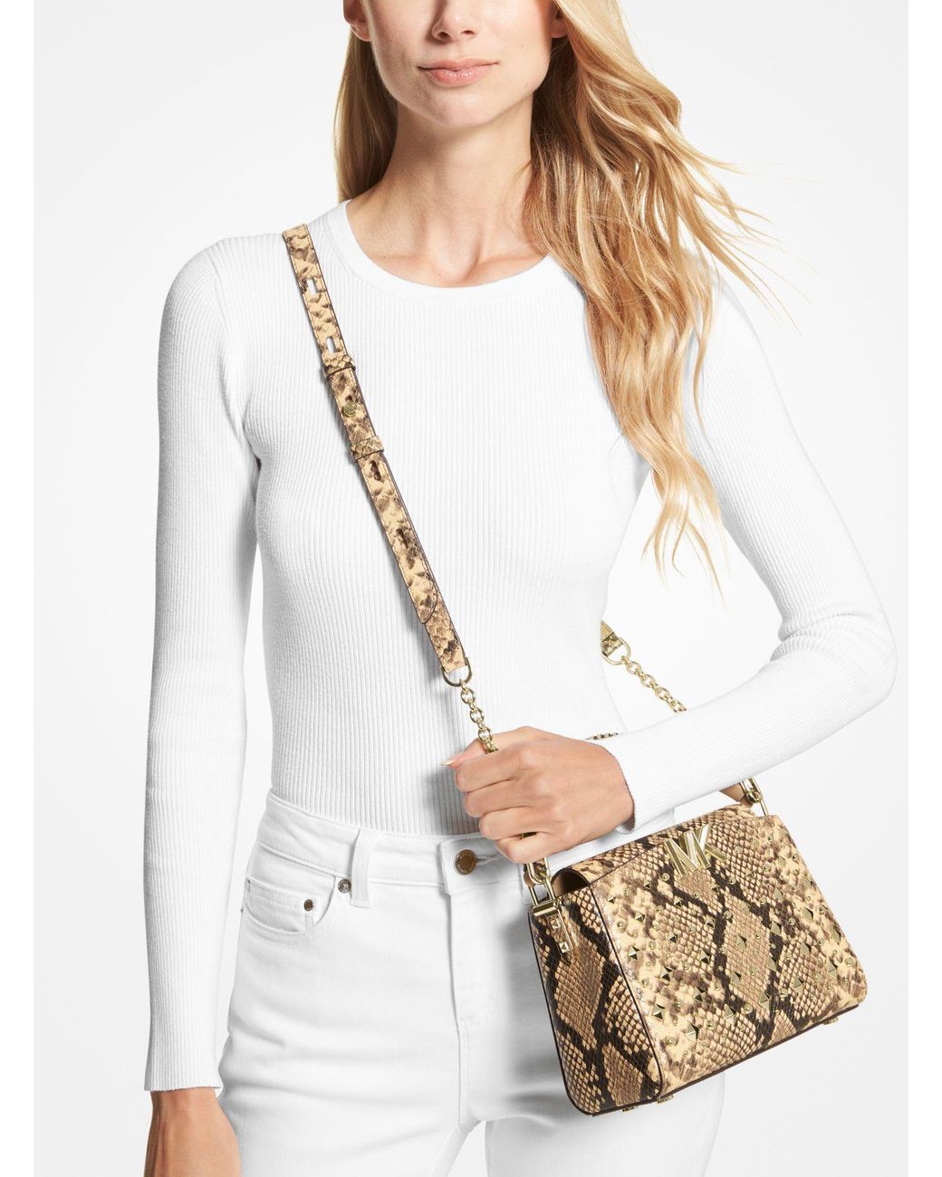 Michael Kors Karlie Small Studded Snake Embossed Leather Crossbody Bag |  Lyst