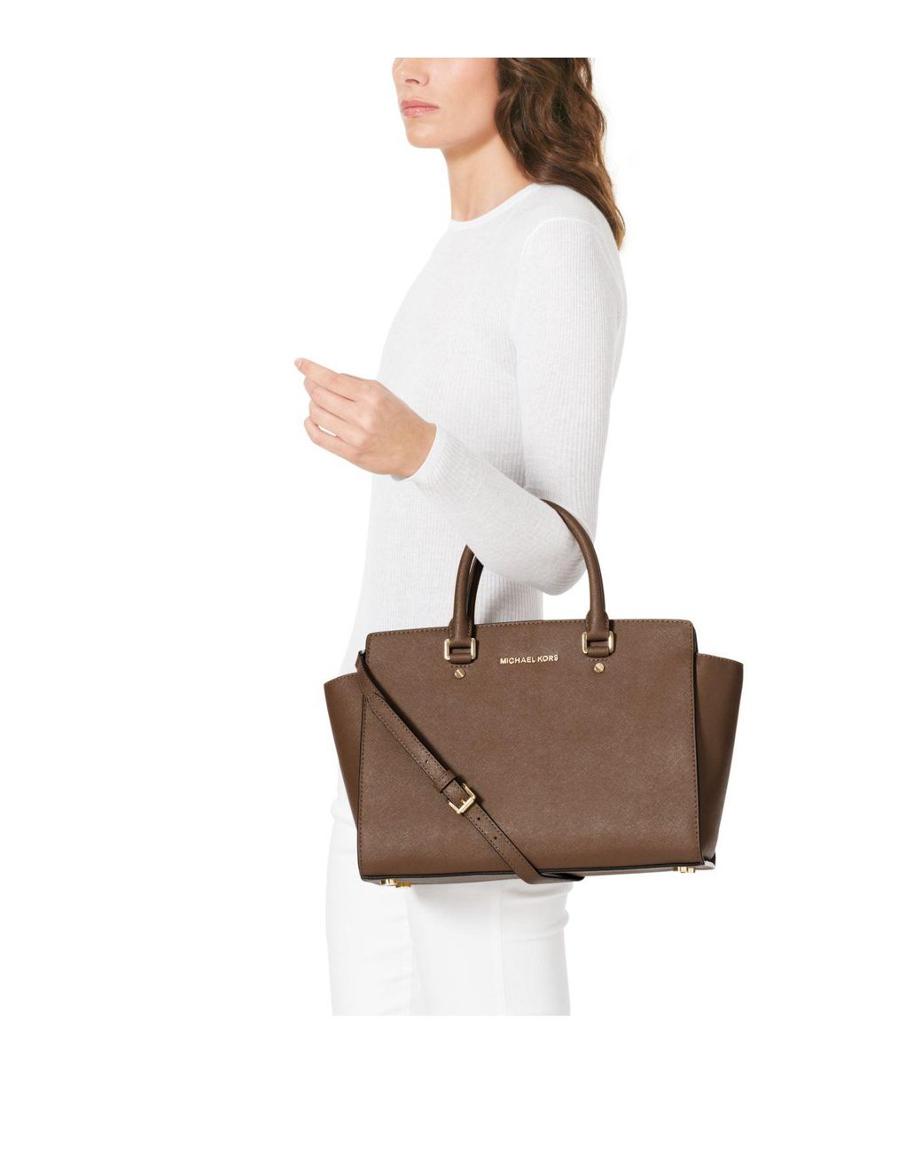 Michael Kors Selma Large Saffiano Leather Satchel in Brown | Lyst