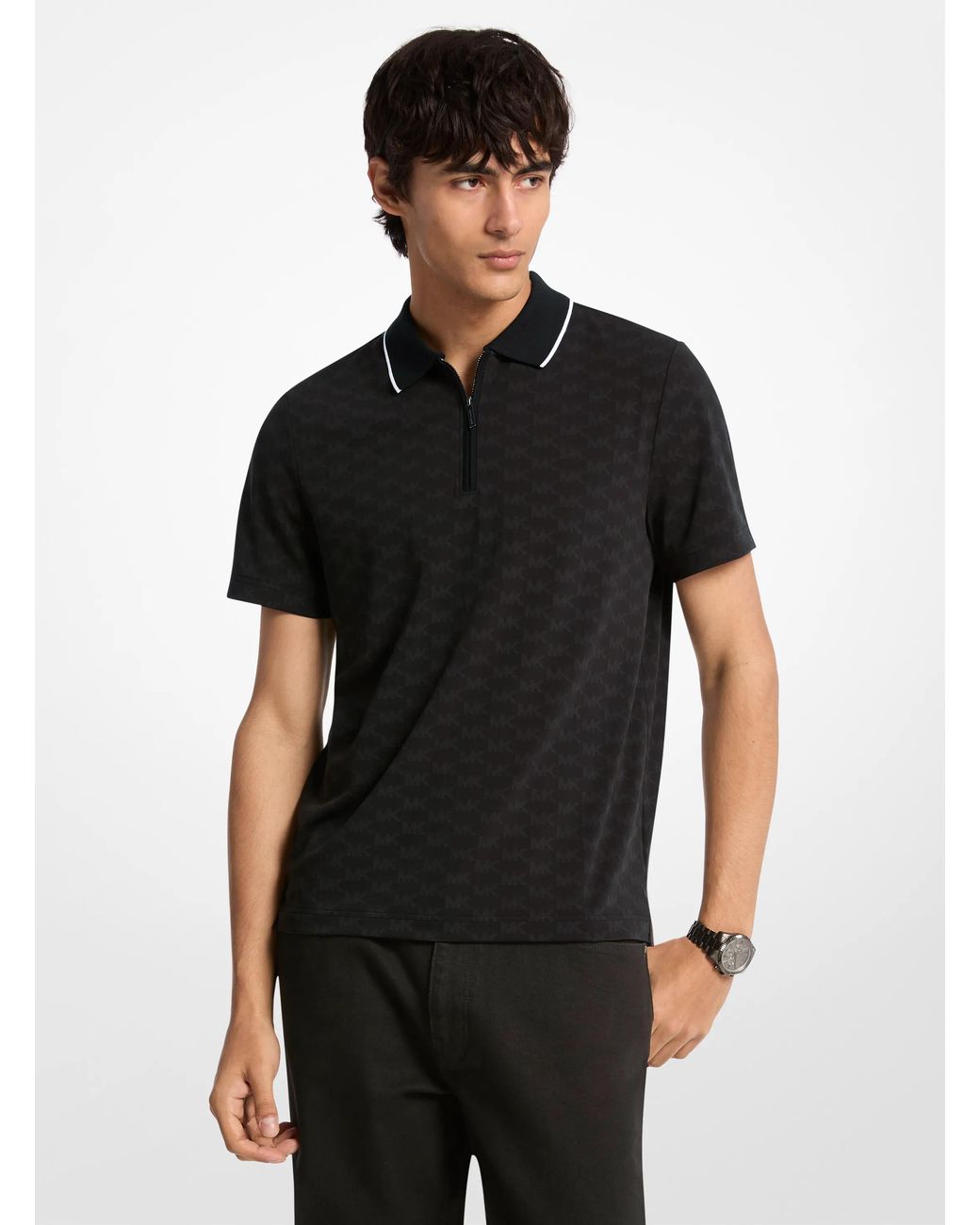 Michael Kors Black Mk Logo Jacquard Zip-Up Polo Shirt for men