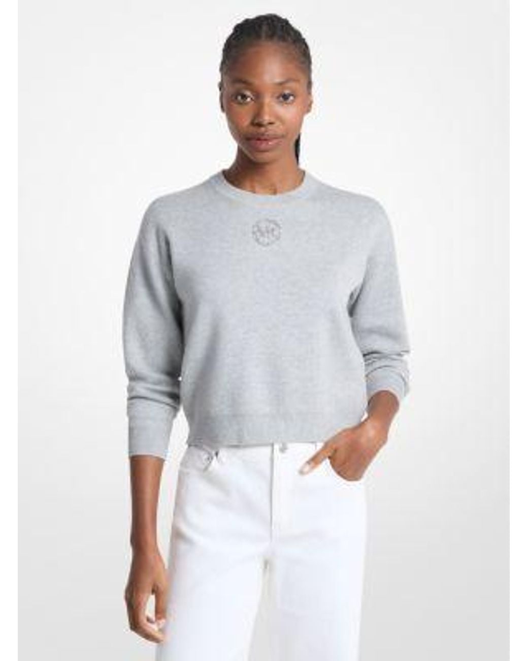 Michael Kors Gray Embellished Logo Cotton Blend Sweater