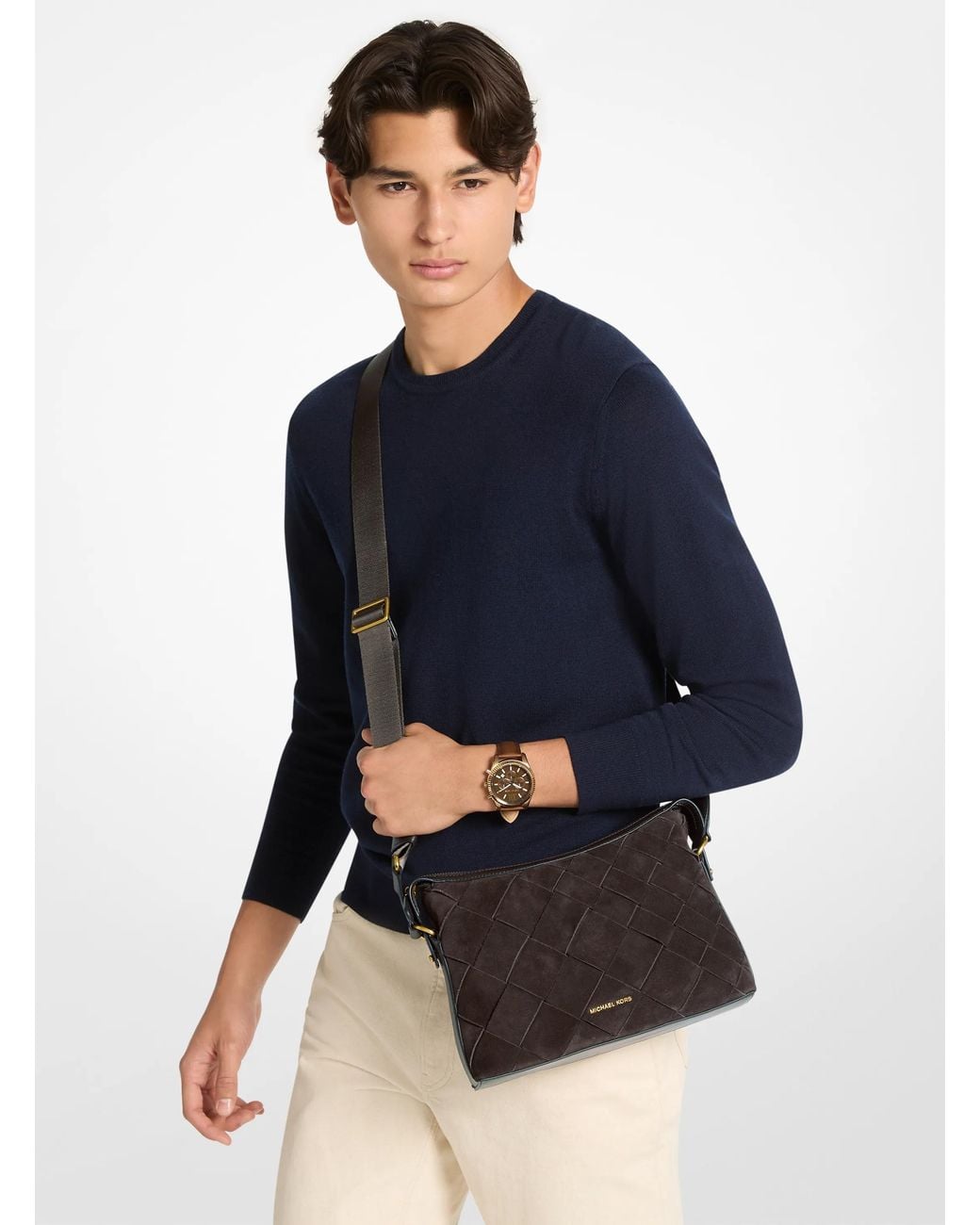 Michael Kors Brown Michael Kors Nicholas Medium Woven Suede Crossbody Bag for men