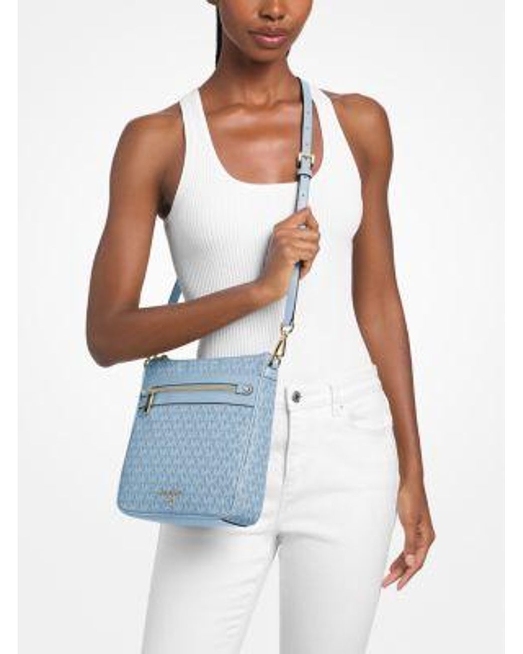 Michael Kors Blue Jet Set Large Signature Logo Printed Crossbody Bag