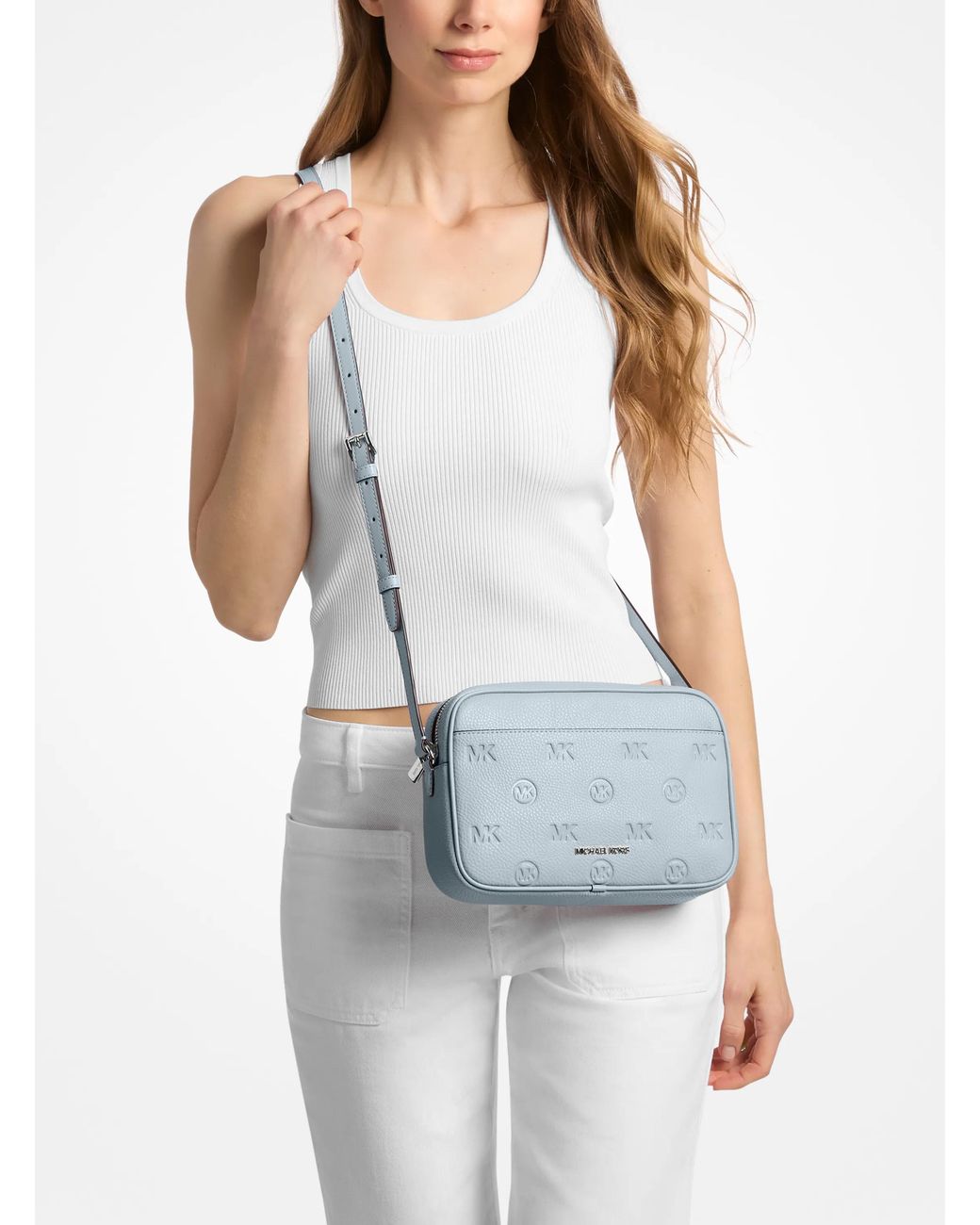 Michael Kors Blue Jet Set Travel Large Logo Debossed Camera Crossbody Bag