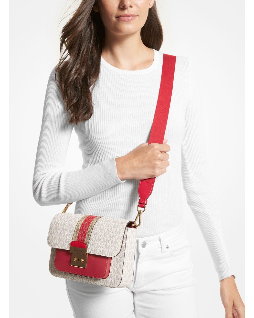 Michael Kors Sloan Editor Medium Logo Stripe Messenger Bag in Red | Lyst