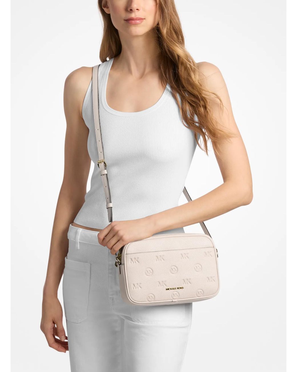 Michael Kors Natural Jet Set Travel Large Logo Debossed Camera Crossbody Bag