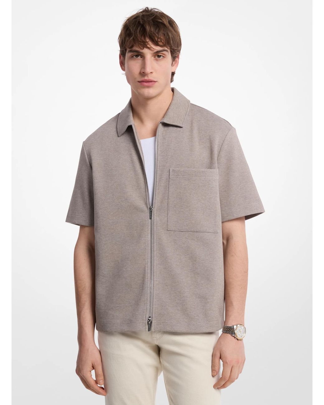 Michael Kors Gray Mk Double-Knit Cotton Blend Zip Shirt for men