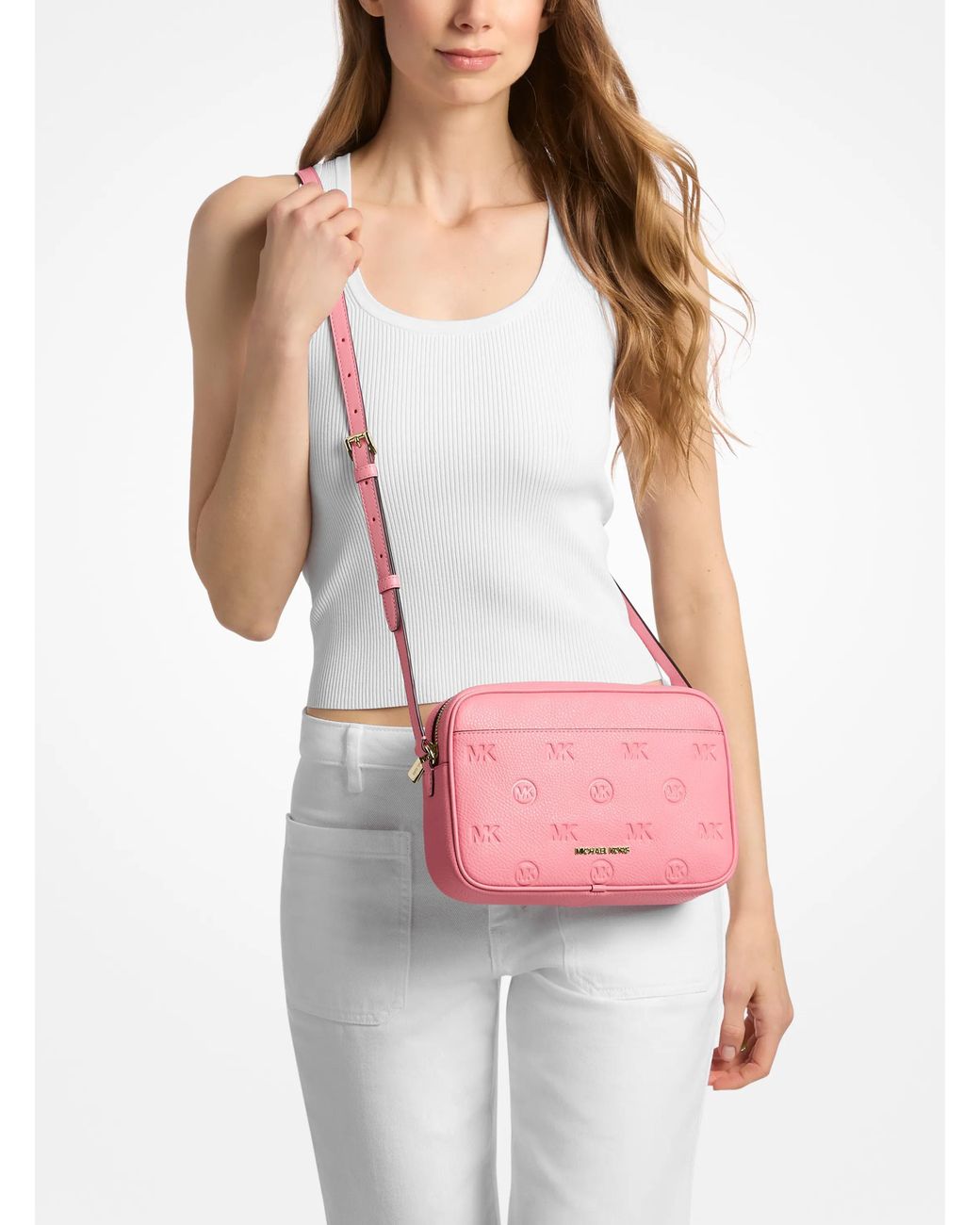 Michael Kors Pink Jet Set Travel Large Logo Debossed Camera Crossbody Bag