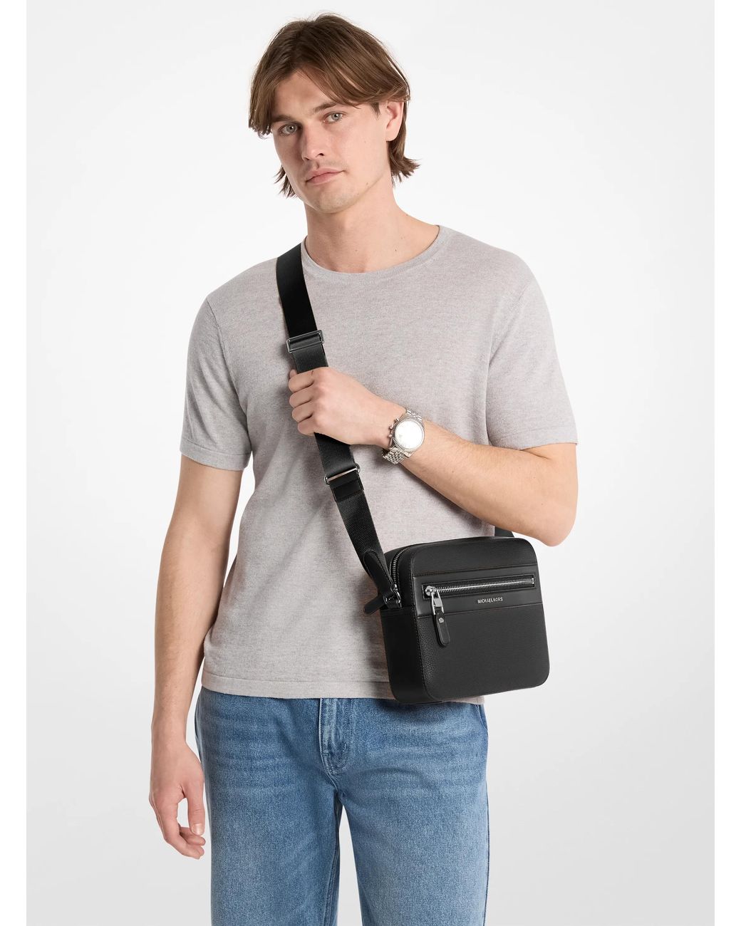 Michael Kors Black Michael Kors Jet Set Pebbled Leather Crossbody Bag for men
