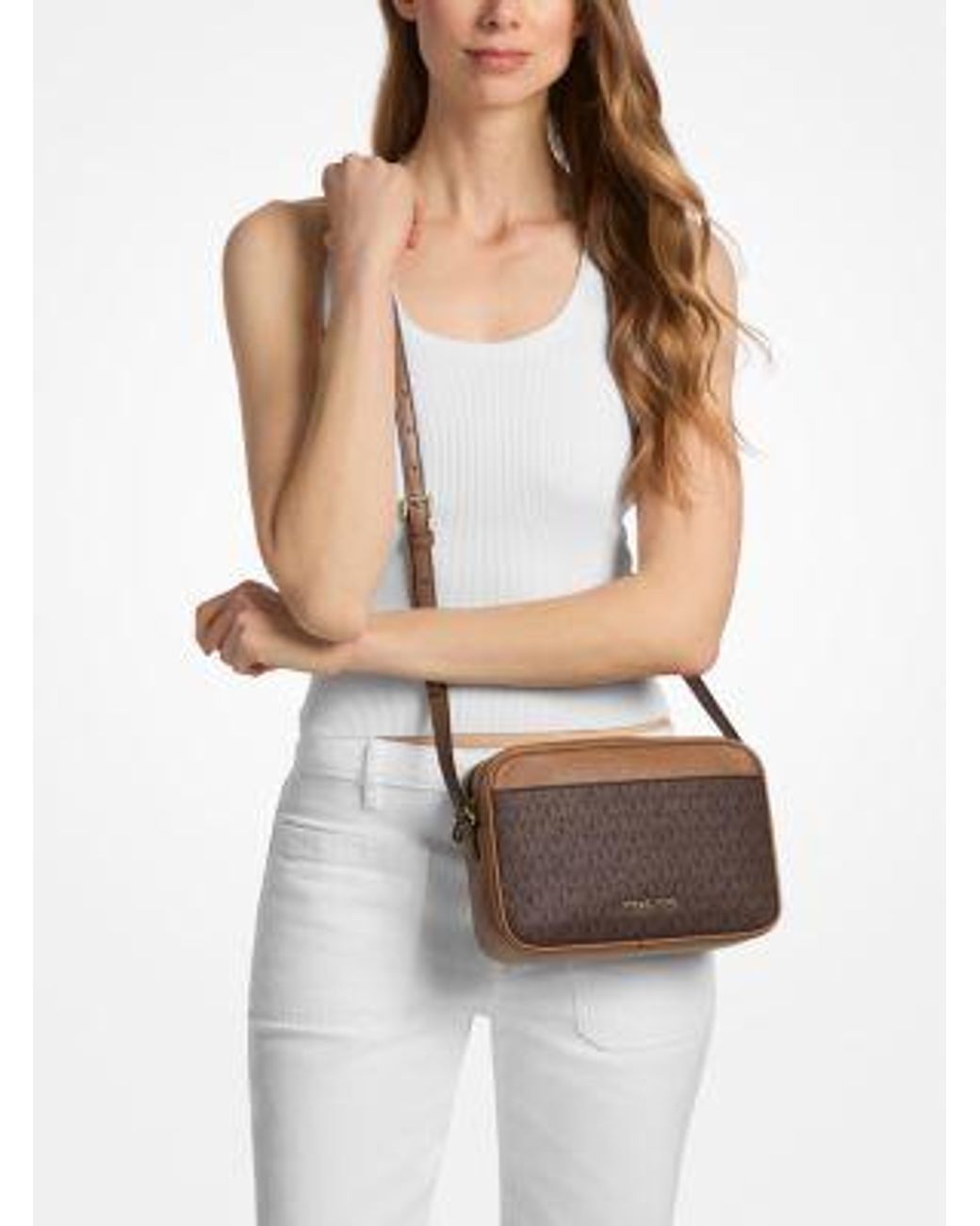 Michael Kors Brown Jet Set Travel Large Signature Logo Camera Crossbody Bag