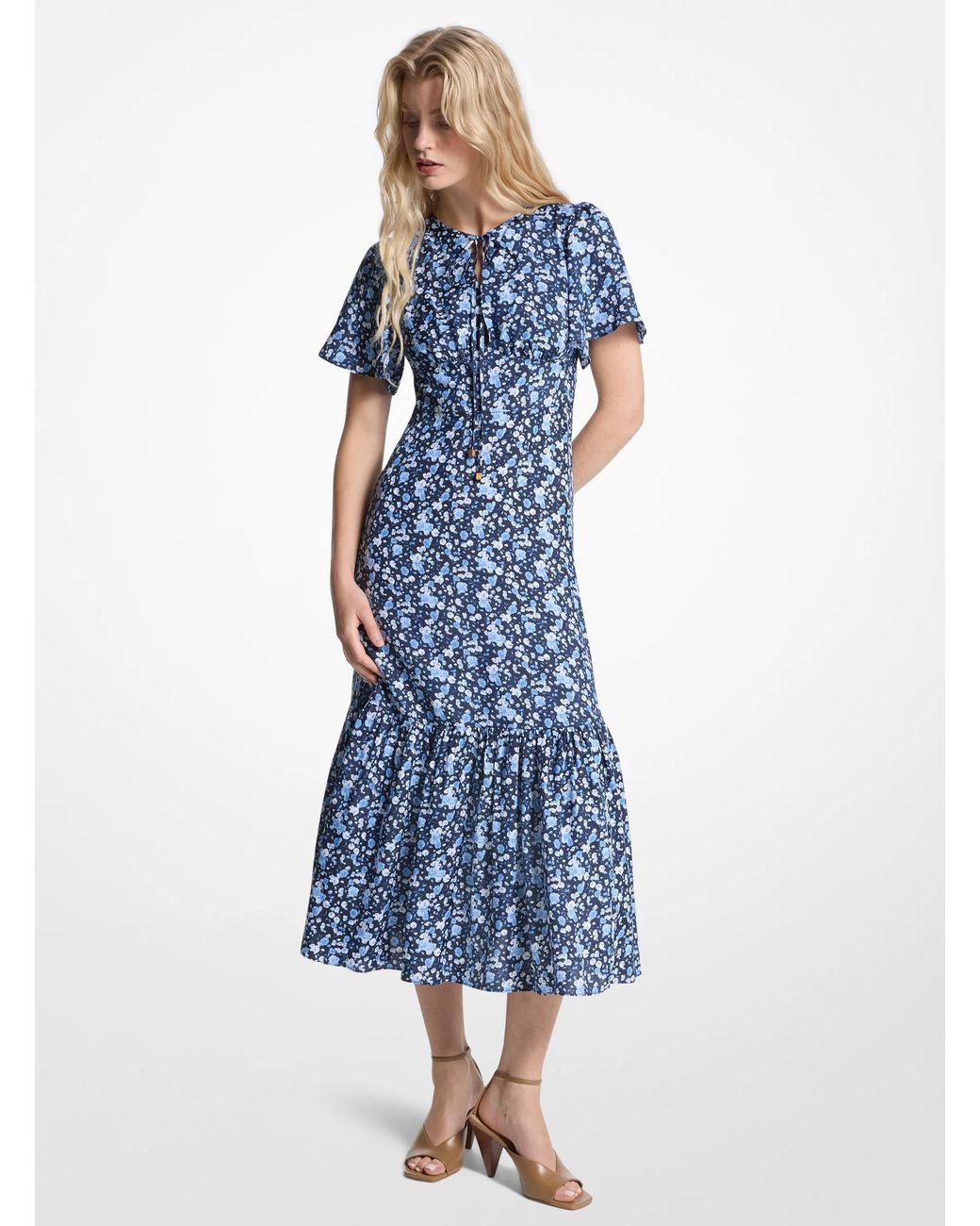 MICHAEL Michael Kors Blue Michael Kors Floral Print Viscose And Silk Blend Midi Dress