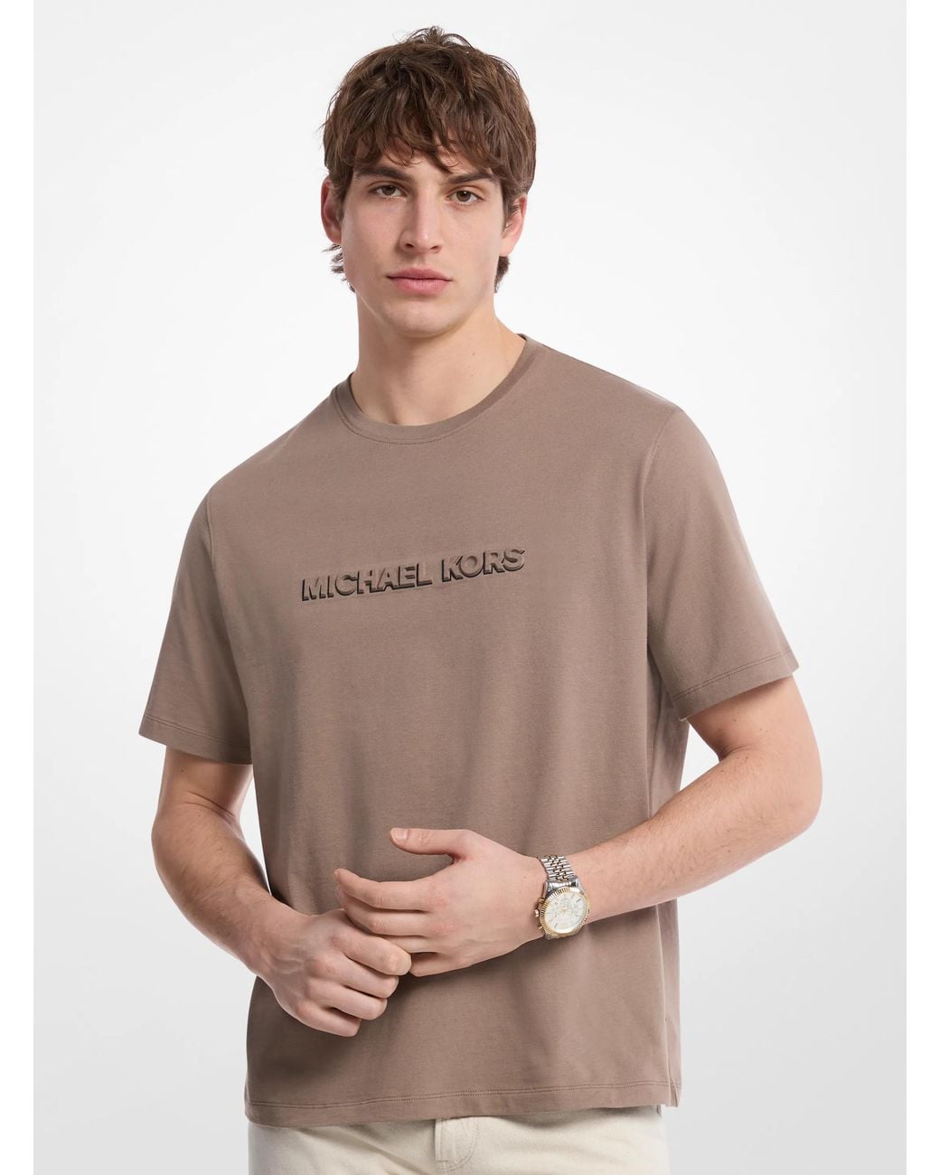 Michael Kors Brown Mk Logo Embossed Cotton Jersey T-Shirt for men