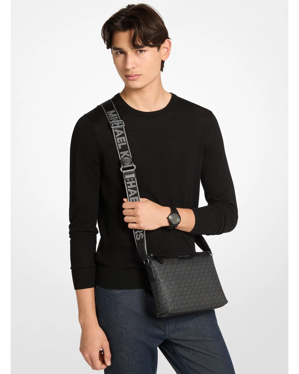Michael Kors Black Hudson Signature Logo Messenger Bag for men