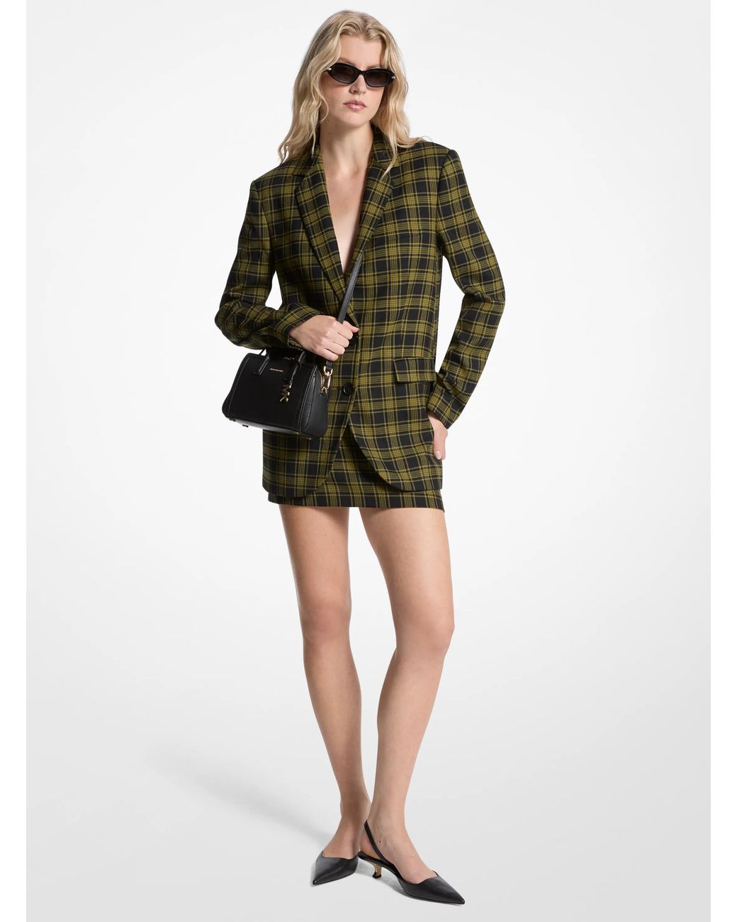 MICHAEL Michael Kors Green Mk Plaid Print Stretch Wool Blazer