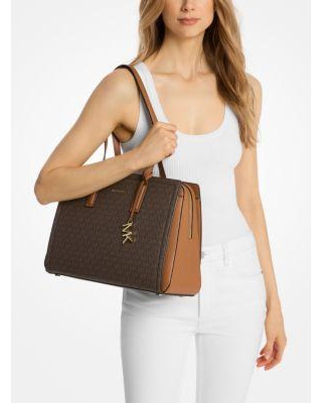 Michael Kors Laila Medium Signature Logo Tote Bag in White