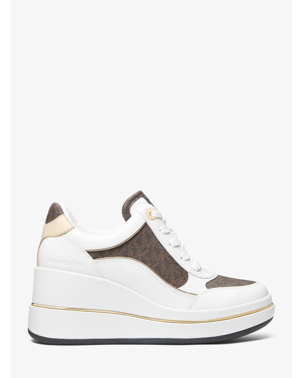 Michael Kors White Mk Emmy Signature Logo And Leather Wedge Trainer