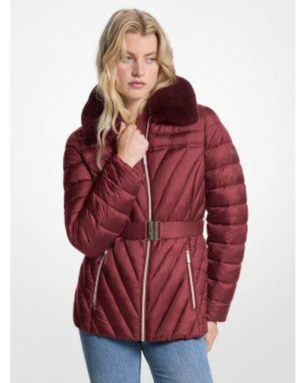 MICHAEL Michael Kors Red Faux Fur Trim Packable Nylon Puffer Jacket