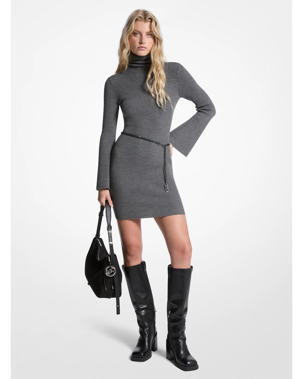 MICHAEL Michael Kors White Michael Kors Wool Blend Belted Mini Dress