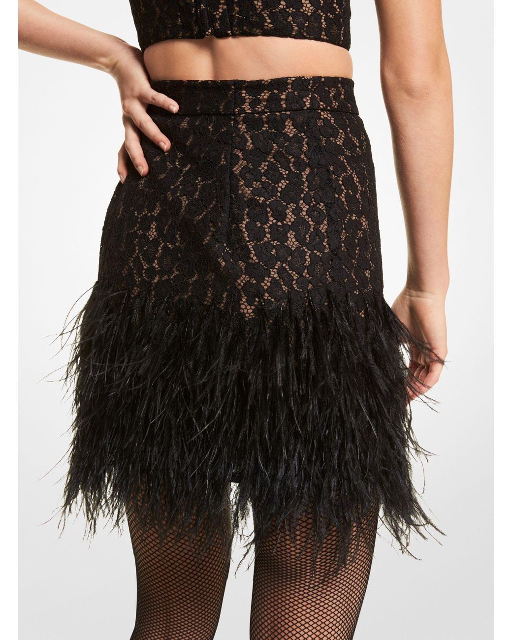 Michael Kors Feather Embellished Corded Lace Skirt in Black | Lyst