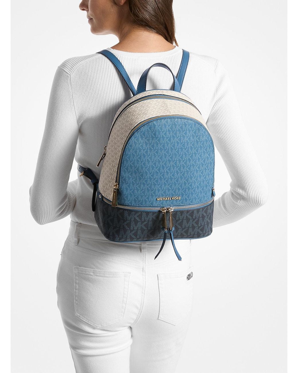Rhea Medium Color-Block Signature Logo Backpack in PWD BLSH MLT - Sale Rhea Medium Color-Block Signature Logo Backpack in PWD BLSH MLT - Sale