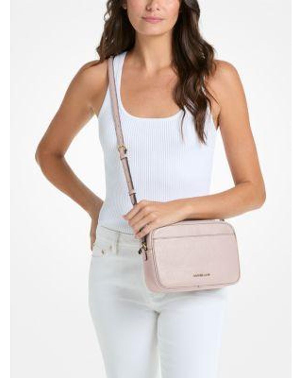 Michael Kors Pink Jet Set Large Pebbled Leather Camera Crossbody Bag