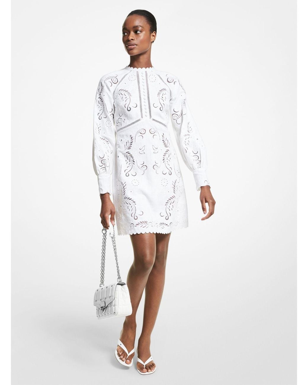 Michael Kors Floral Embroidered Hemp Mini Dress in White | Lyst UK