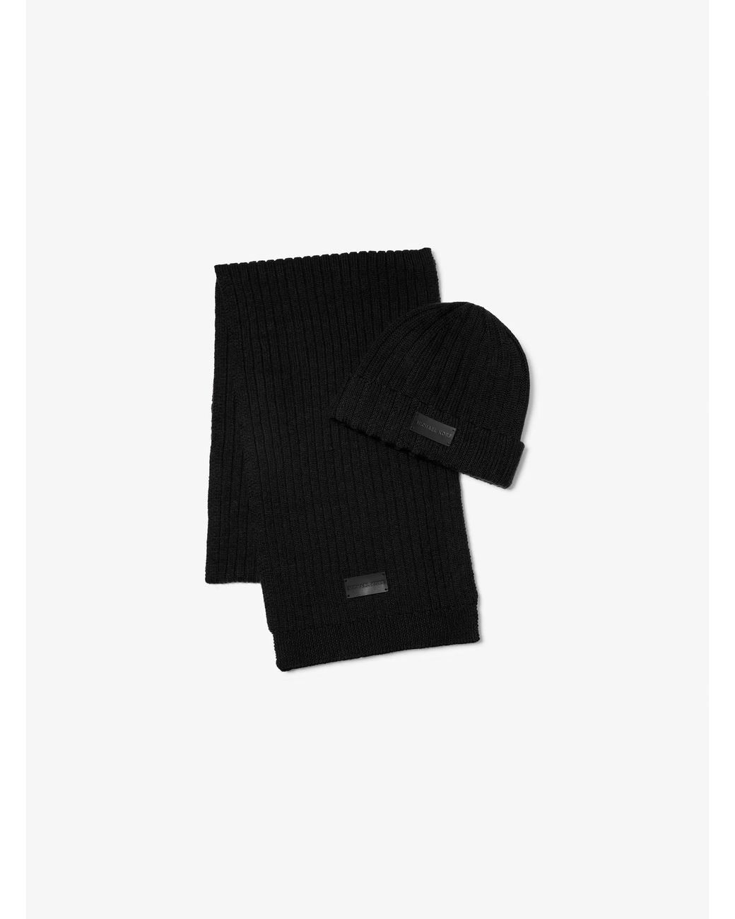 Michael Kors Black Mk Ribbed Knit Beanie Hat And Scarf Set for men