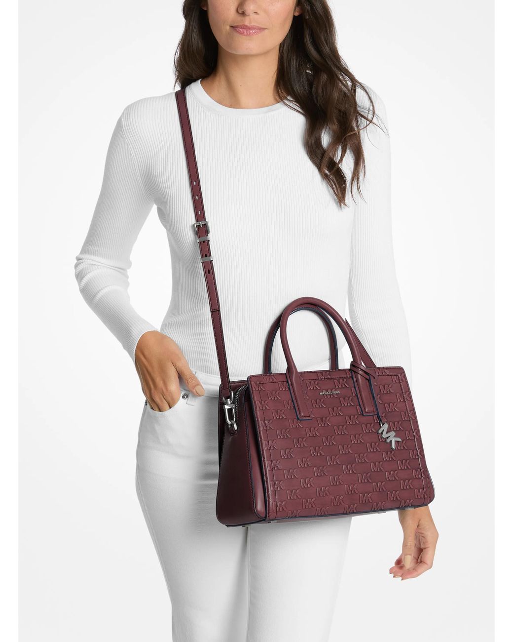 MICHAEL Michael Kors Purple Laila Medium Logo Embossed Burnished Leather Satchel