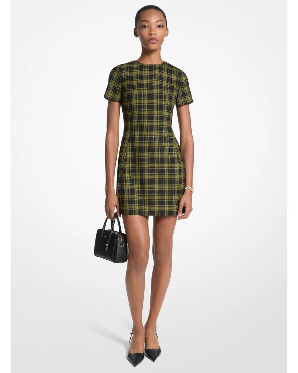MICHAEL Michael Kors Green Mk Plaid Print Stretch Wool Dress