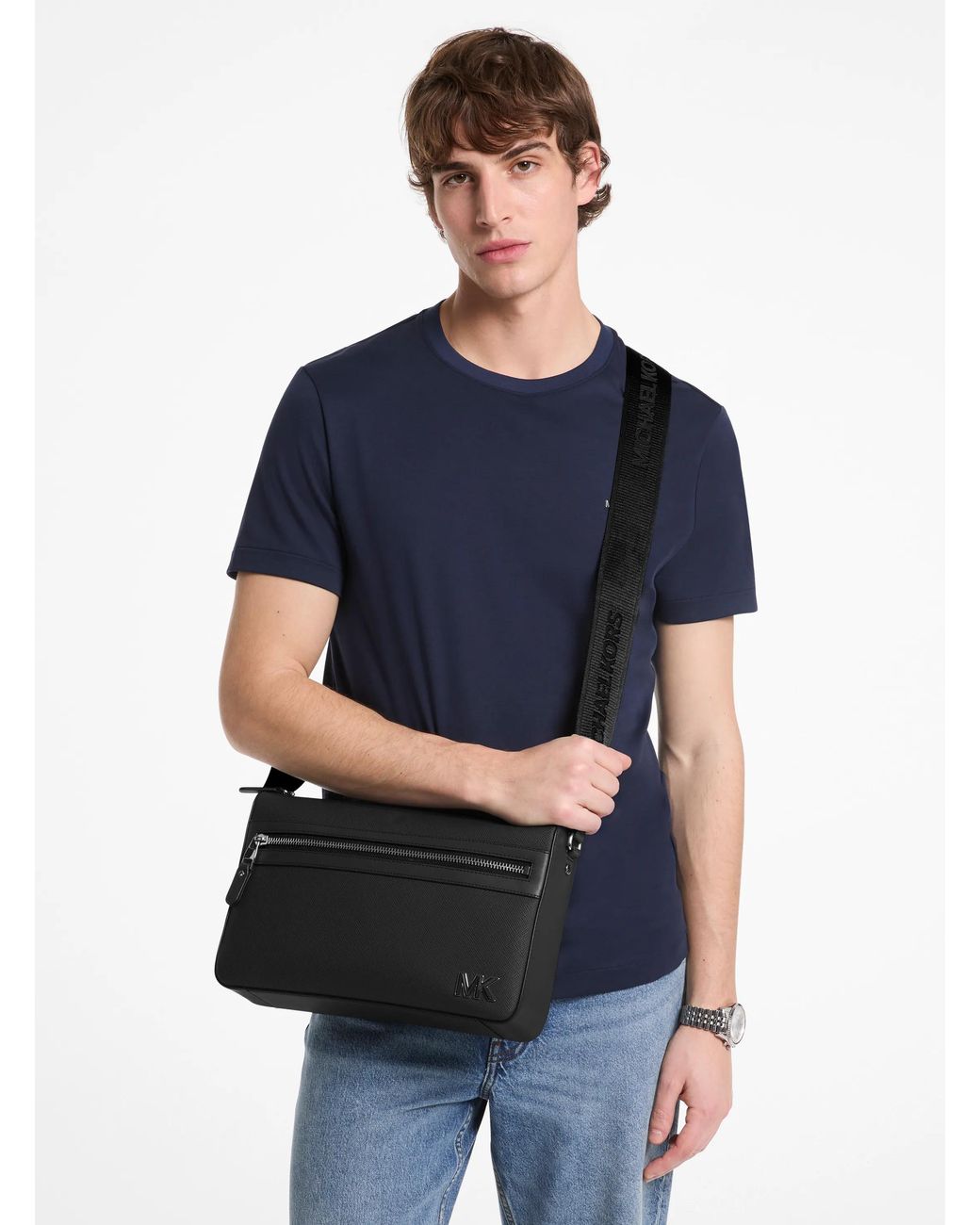 Michael Kors Black Mk Edison Medium Saffiano Leather Messenger Bag for men
