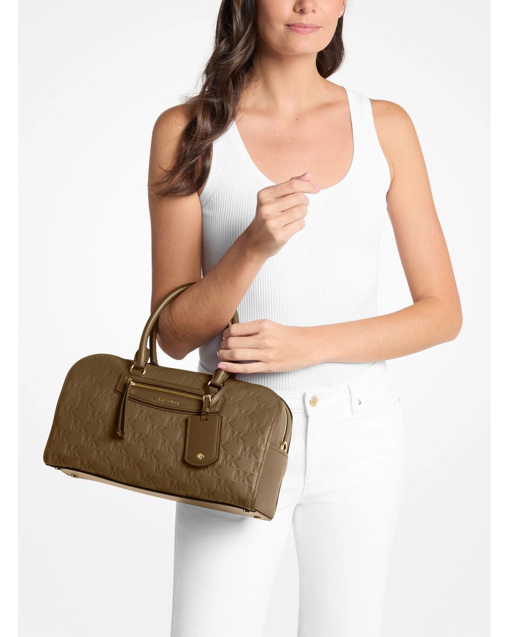 MICHAEL Michael Kors Brown Mk Jet Set Travel Medium Logo Embossed Leather Duffel Crossbody Bag