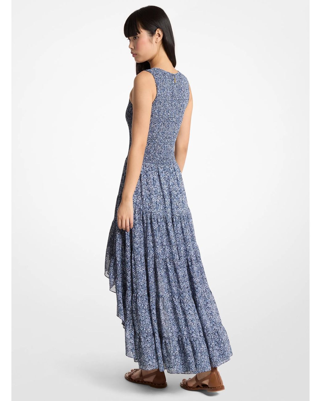 MICHAEL Michael Kors Blue Michael Kors Smocked Floral Print Georgette High-Low Dress