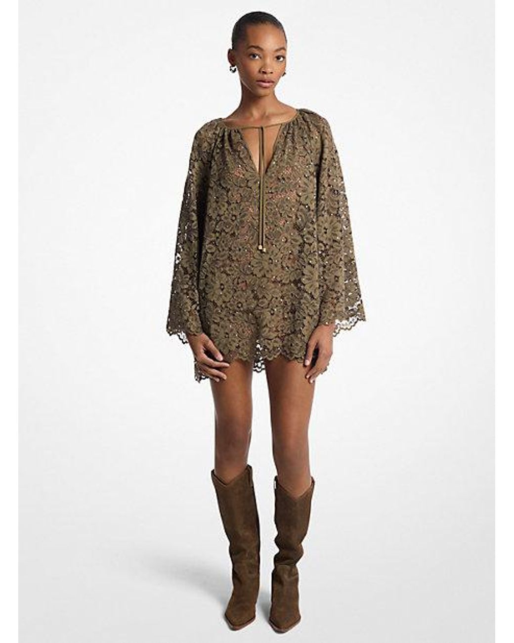 Michael Kors Mk Studded Corded Floral Lace V-Neck Dress in Natural | Lyst Michael Kors Mk Studded Corded Floral Lace V-Neck Dress in Natural | Lyst