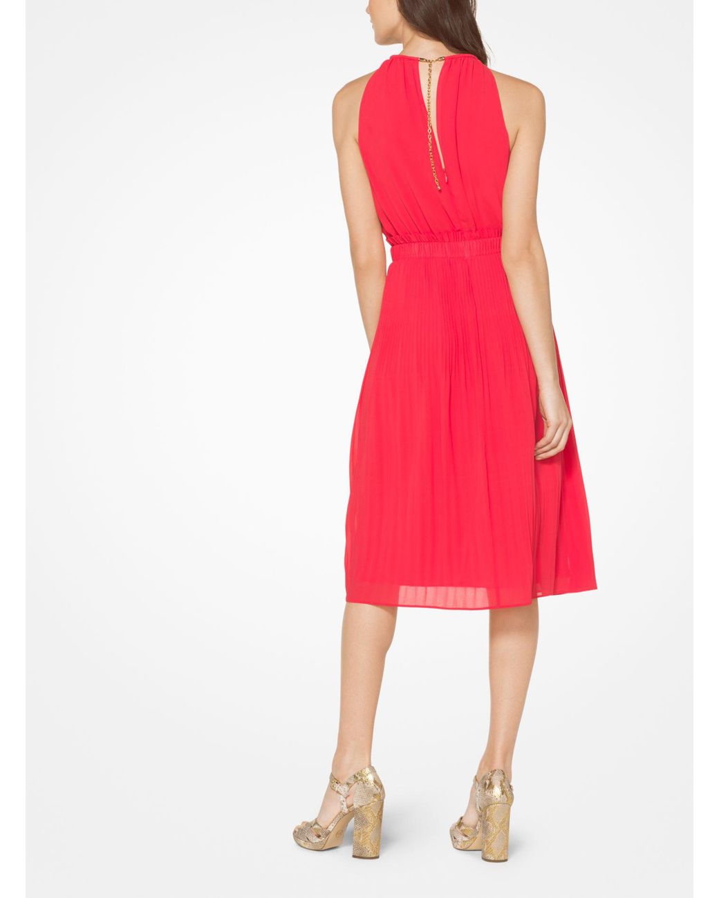 Michael Kors Synthetic Georgette Pleated Halter Dress in Red | Lyst