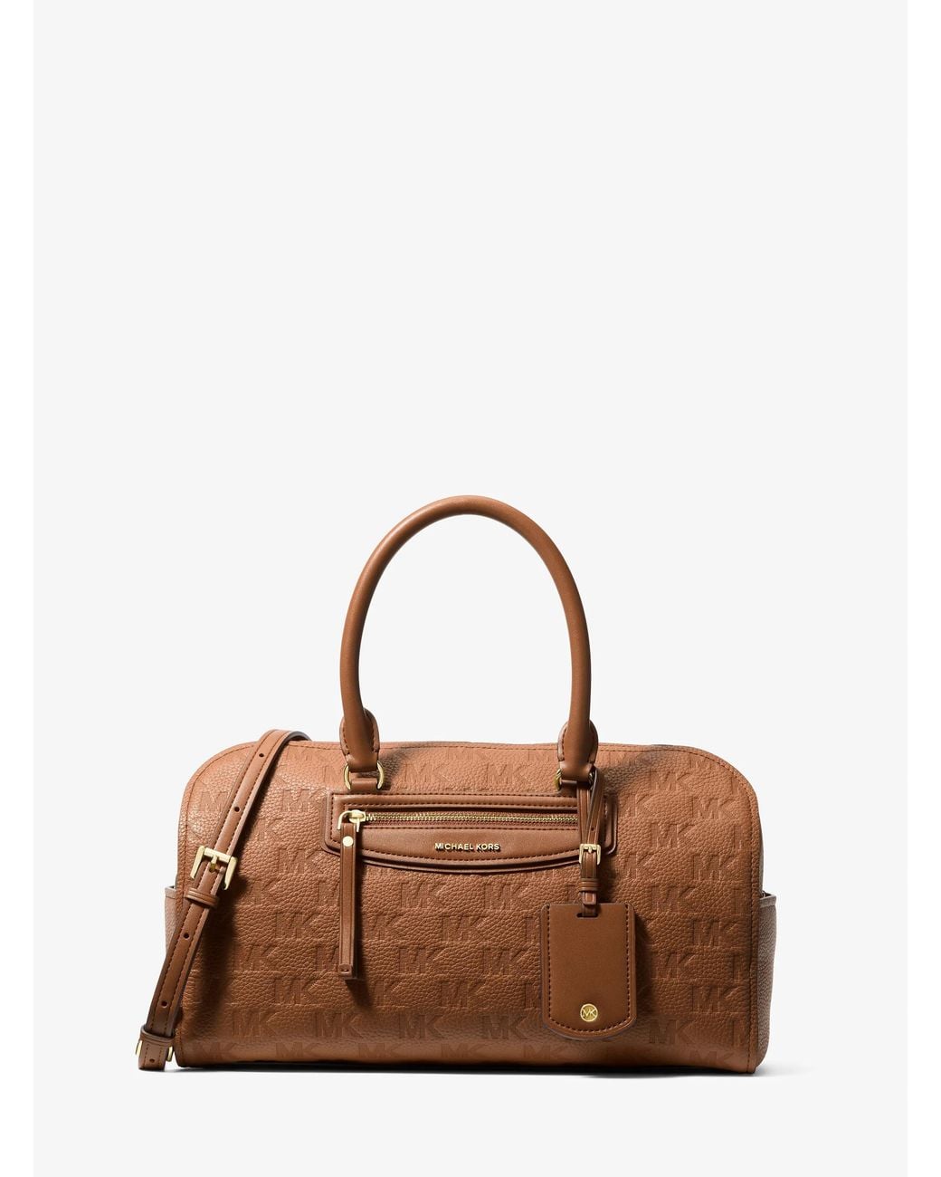 MICHAEL Michael Kors Brown Mk Jet Set Travel Medium Logo Embossed Leather Duffel Crossbody Bag