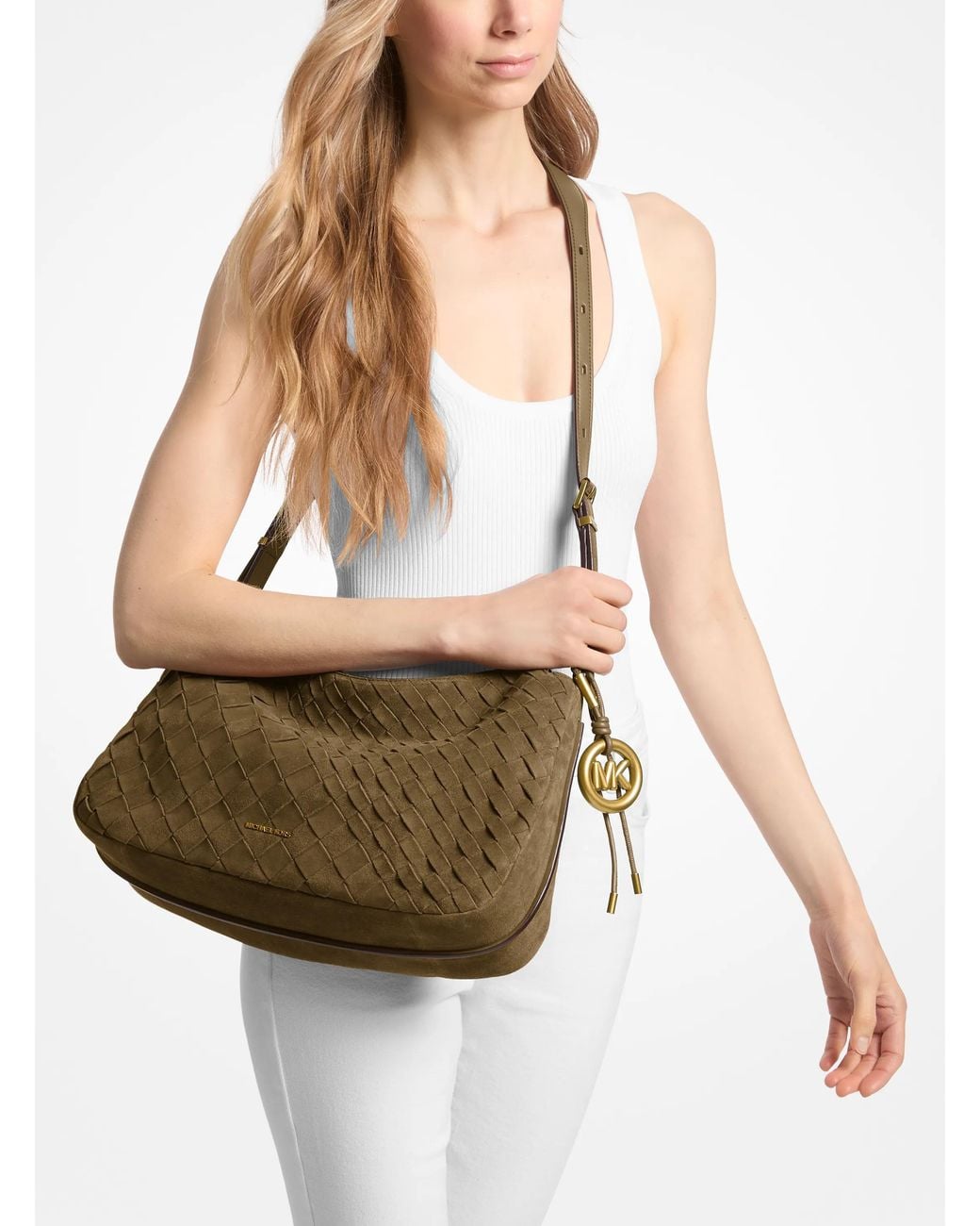 MICHAEL Michael Kors Green Michael Kors Nolita Medium Hand-Woven Suede Shoulder Bag