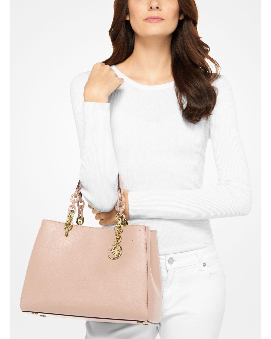 Michael Kors Cynthia Saffiano Leather Satchel in Pink | Lyst