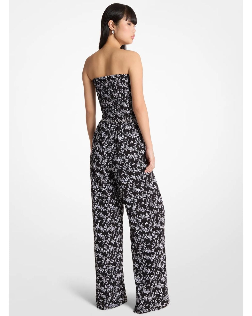 MICHAEL Michael Kors White Mk Floral Print Smocked Georgette Belted Jumpsuit