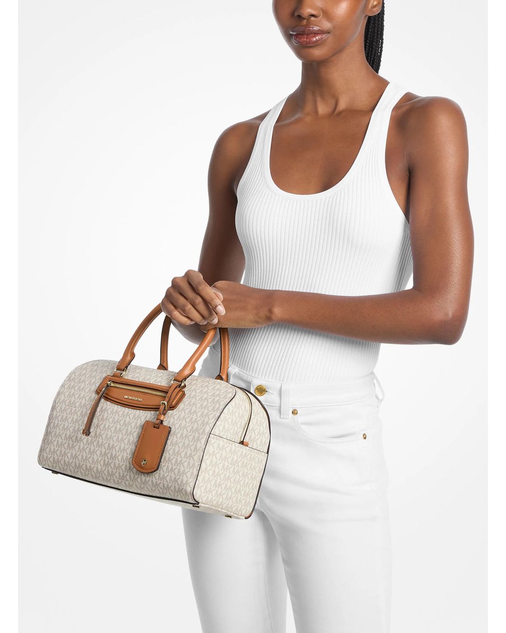 MICHAEL Michael Kors Natural Mk Jet Set Travel Medium Signature Logo Duffel Crossbody Bag