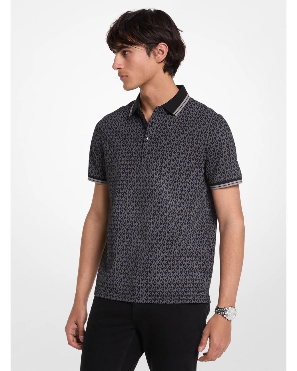 Michael Kors Blue Mk Greenwich Signature Logo Print Cotton Polo Shirt for men
