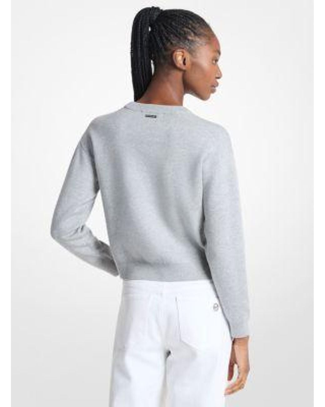 Michael Kors Gray Embellished Logo Cotton Blend Sweater