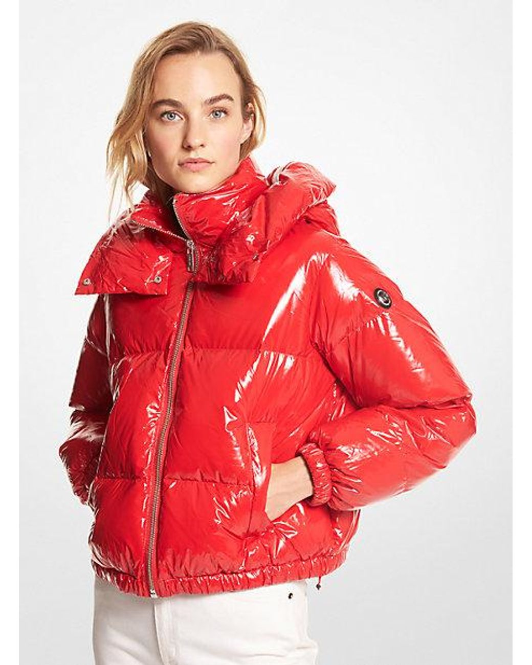 Metallic cire hooded store puffer jacket