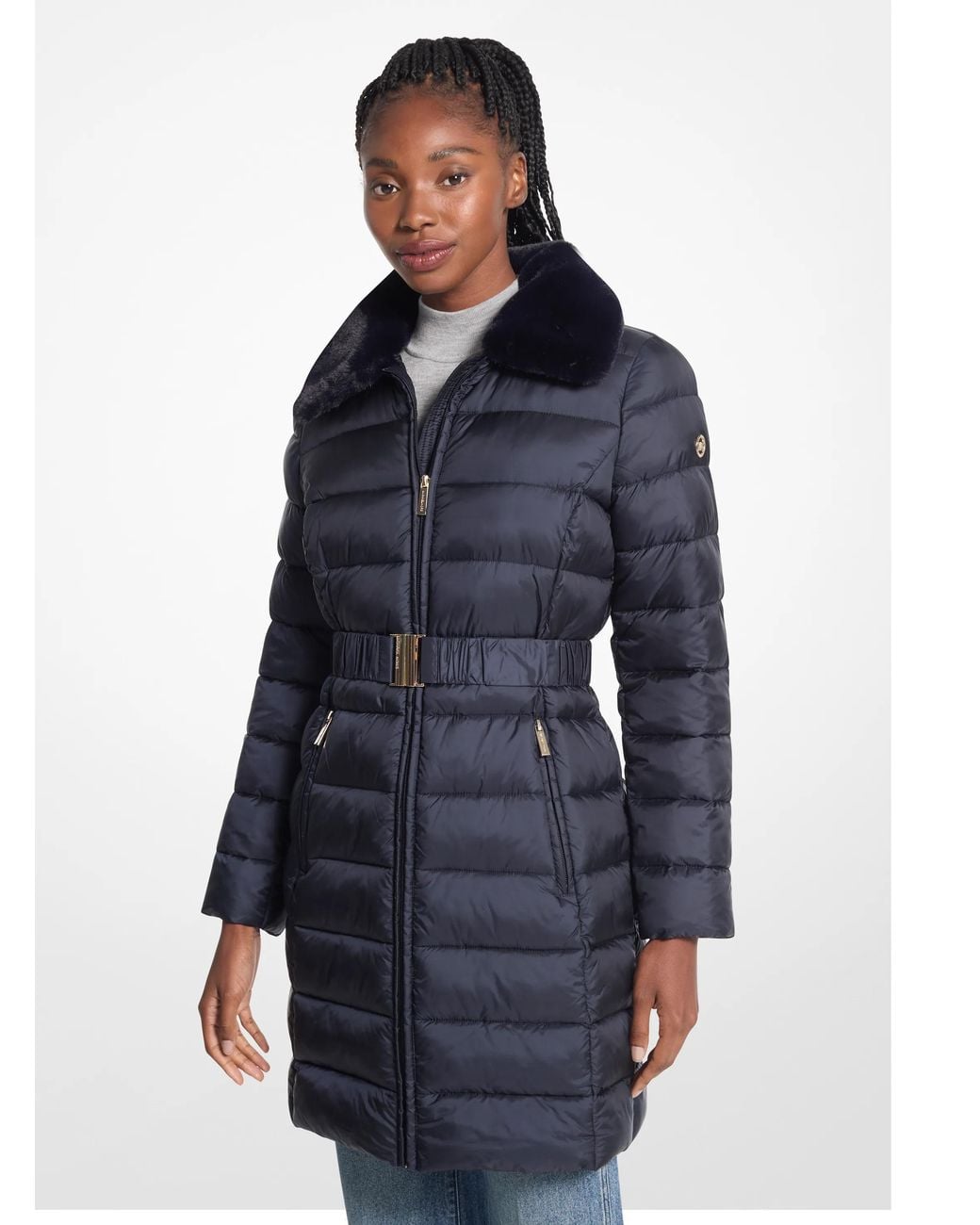 MICHAEL Michael Kors Blue Packable Quilted Puffer Coat with Faux Fur