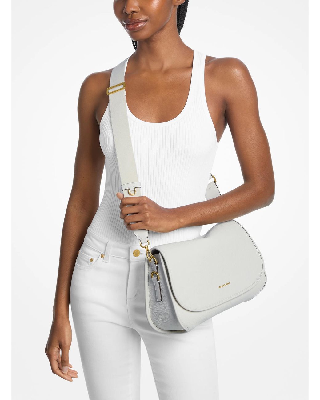 MICHAEL Michael Kors White Mk Holmes Medium Pebbled Leather Convertible Messenger Bag